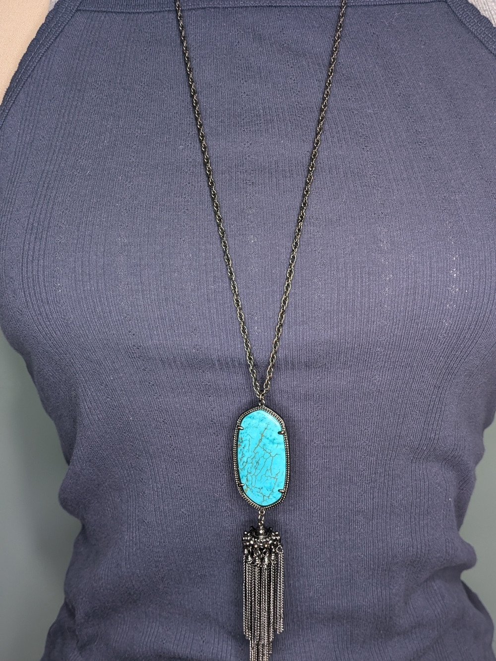 Kendra Scott Rayne Gunmetal Turquoise Magnesite Long Tassel Pendant Necklace